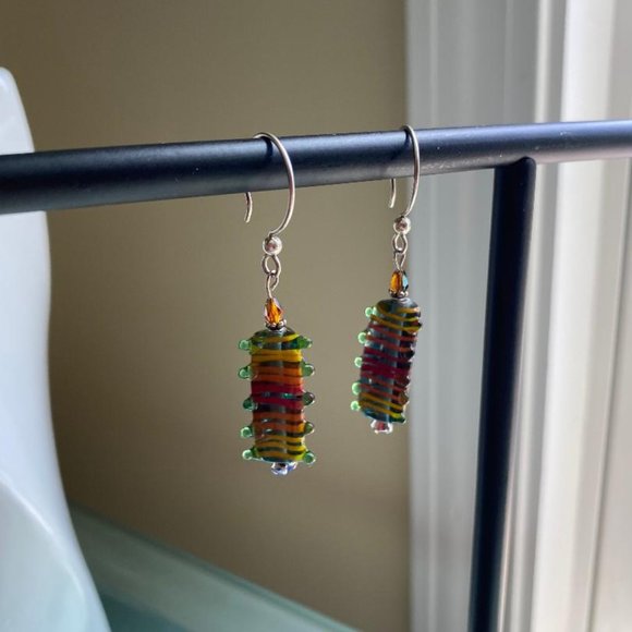 Multi-colored Glass Bead Sterling Silver Earrings - Picture 1 of 3